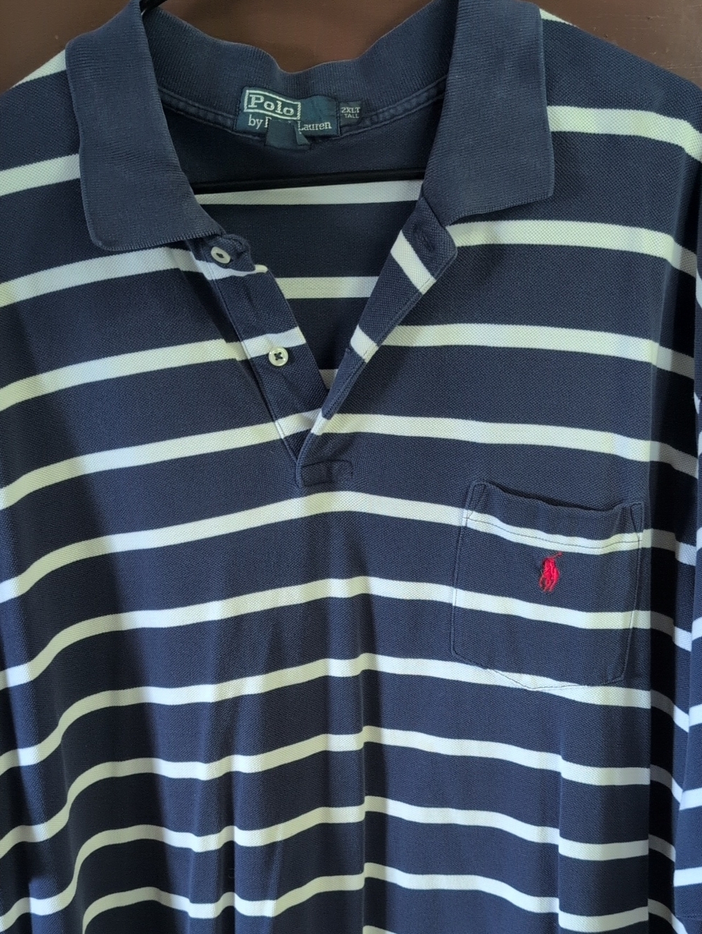 Polo by Ralph Lauren Navy & White Striped Chest Pocket Polo with Red Pony